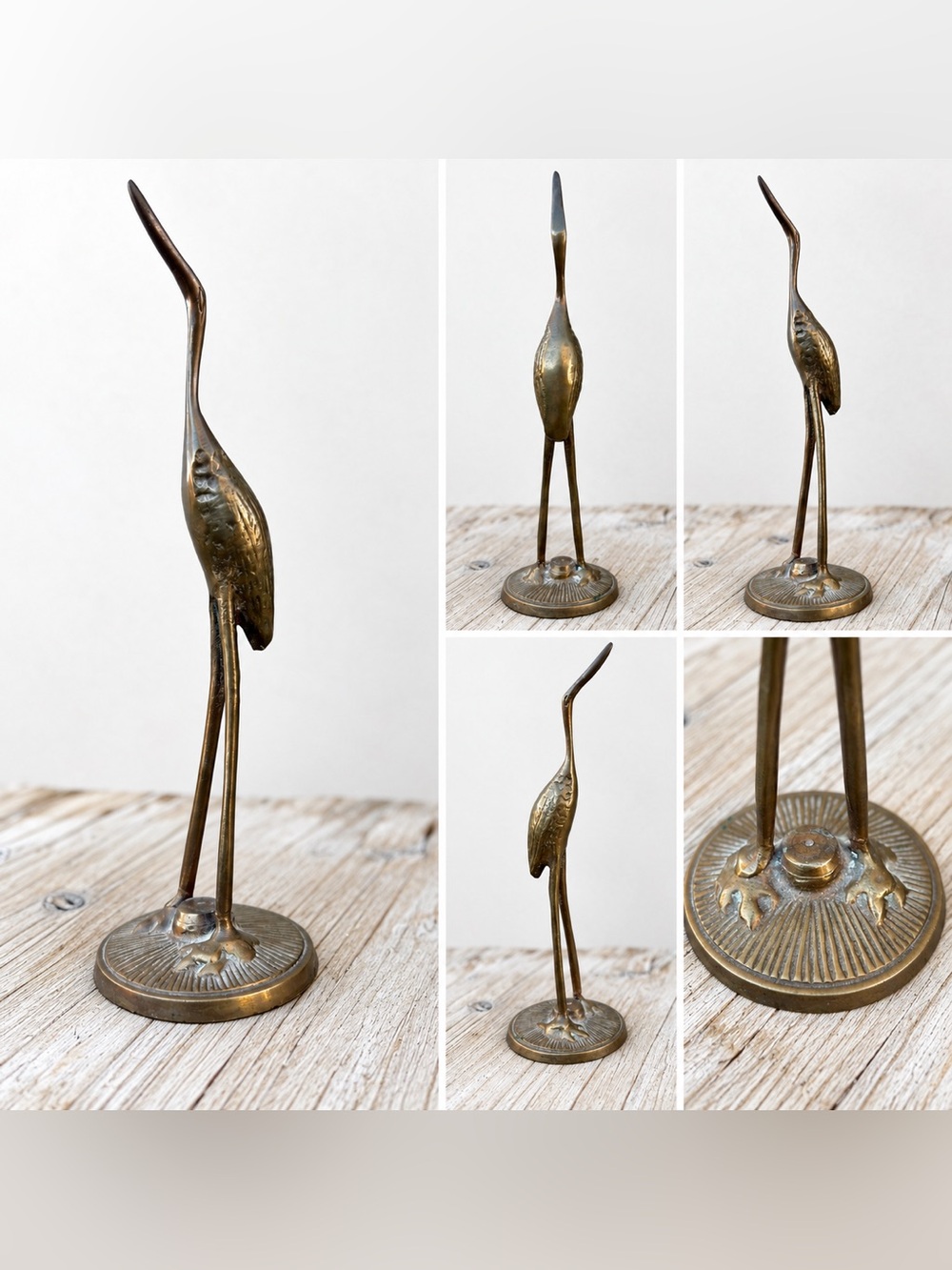 Brass Heron Crane Bird Figurine 7.5” Tall on Textured Round Base